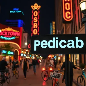 Custom-built pedicab parked in a lively downtown Oklahoma City street