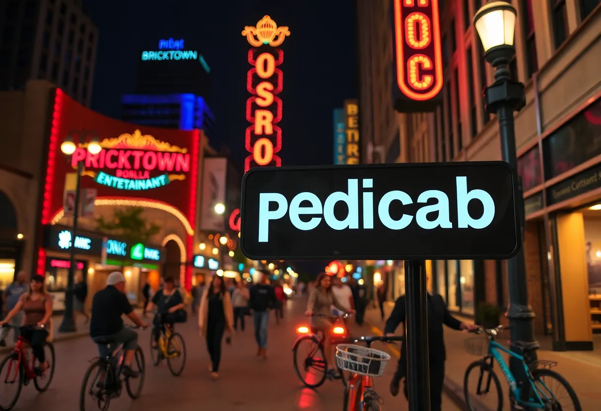 Custom-built pedicab parked in a lively downtown Oklahoma City street