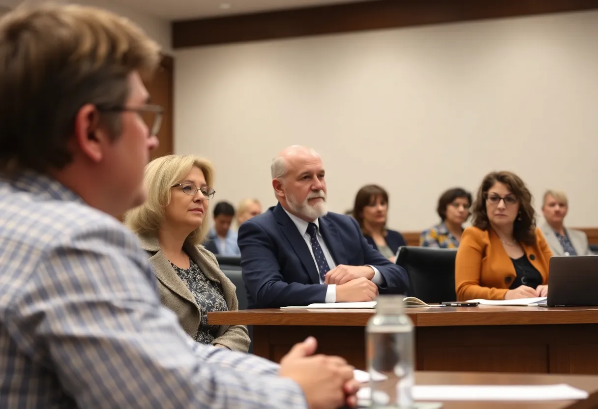 A packed city council meeting discussing budget cuts and public safety.