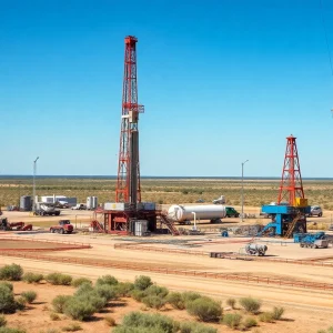 Fracking operations at Devon Energy in the Anadarko Basin with drilling rigs and natural scenery.