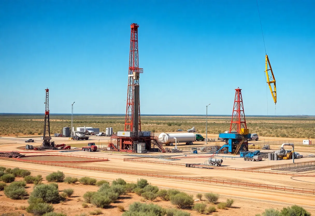 Fracking operations at Devon Energy in the Anadarko Basin with drilling rigs and natural scenery.