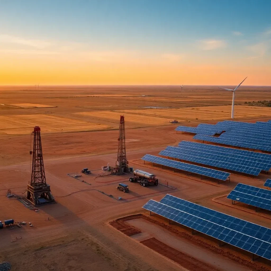 Aerial view of Devon Energy operations showcasing traditional oil drilling and new solar panels.