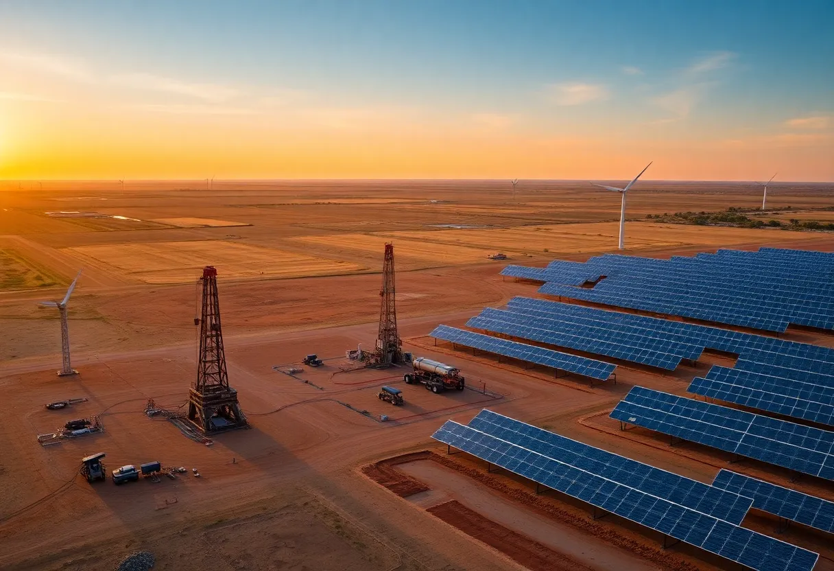 Aerial view of Devon Energy operations showcasing traditional oil drilling and new solar panels.