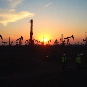 Drilling rigs and workers in an oilfield illustrating Devon Energy's operations and growth.