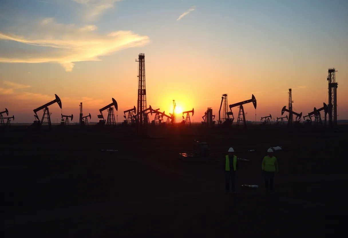 Drilling rigs and workers in an oilfield illustrating Devon Energy's operations and growth.