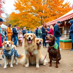 Families enjoying the Dogtober Festival with costumed dogs and pet booths.