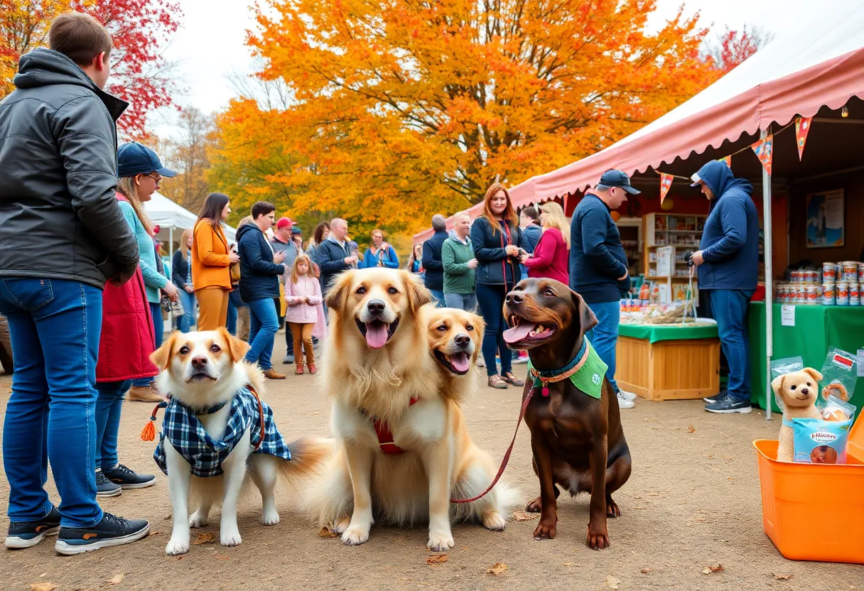 Families enjoying the Dogtober Festival with costumed dogs and pet booths.