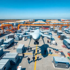 Aerial view of a drone assembly plant under construction.