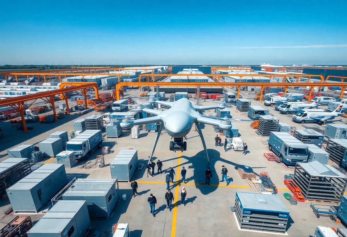 Aerial view of a drone assembly plant under construction.