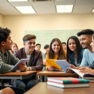 High school students in a classroom engaged in dual enrollment college courses.
