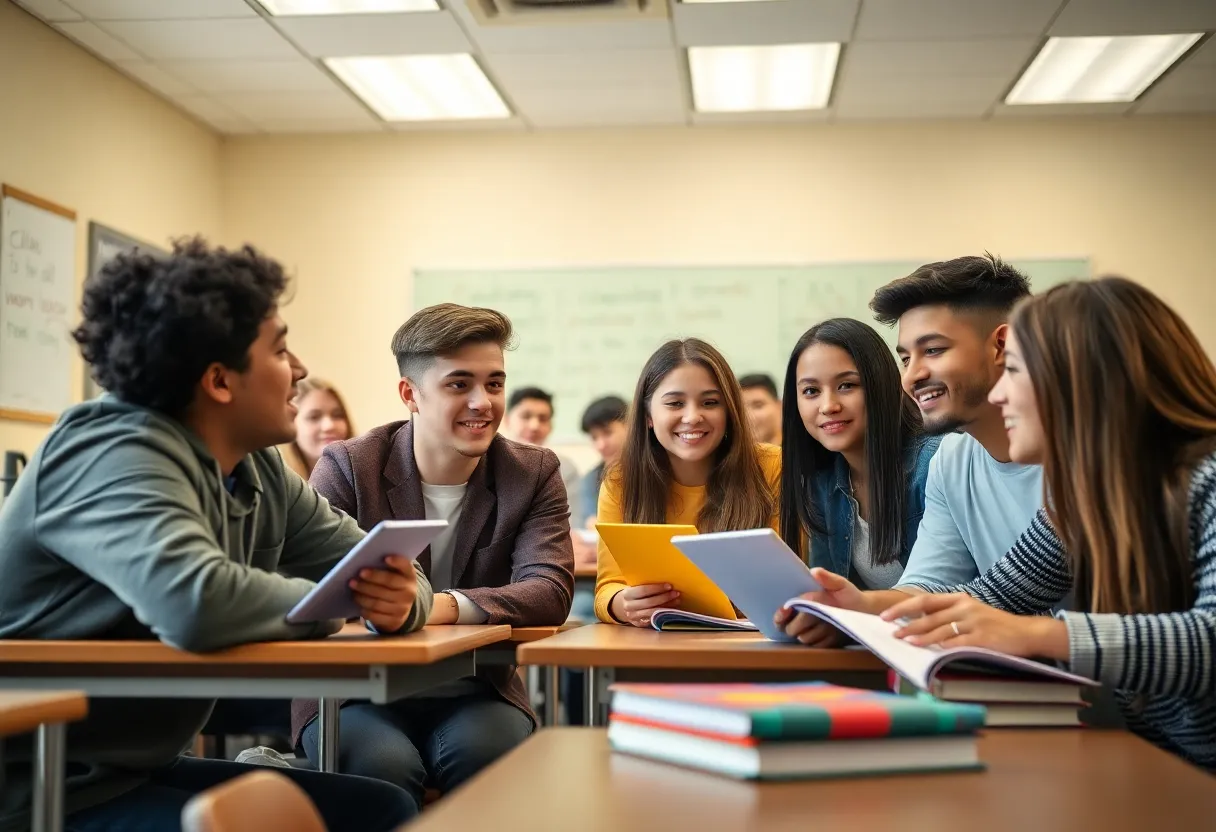 High school students in a classroom engaged in dual enrollment college courses.