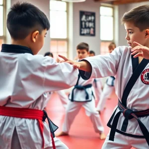 Young athletes from Duncan Martial Arts Academy showcasing Taekwondo skills during practice