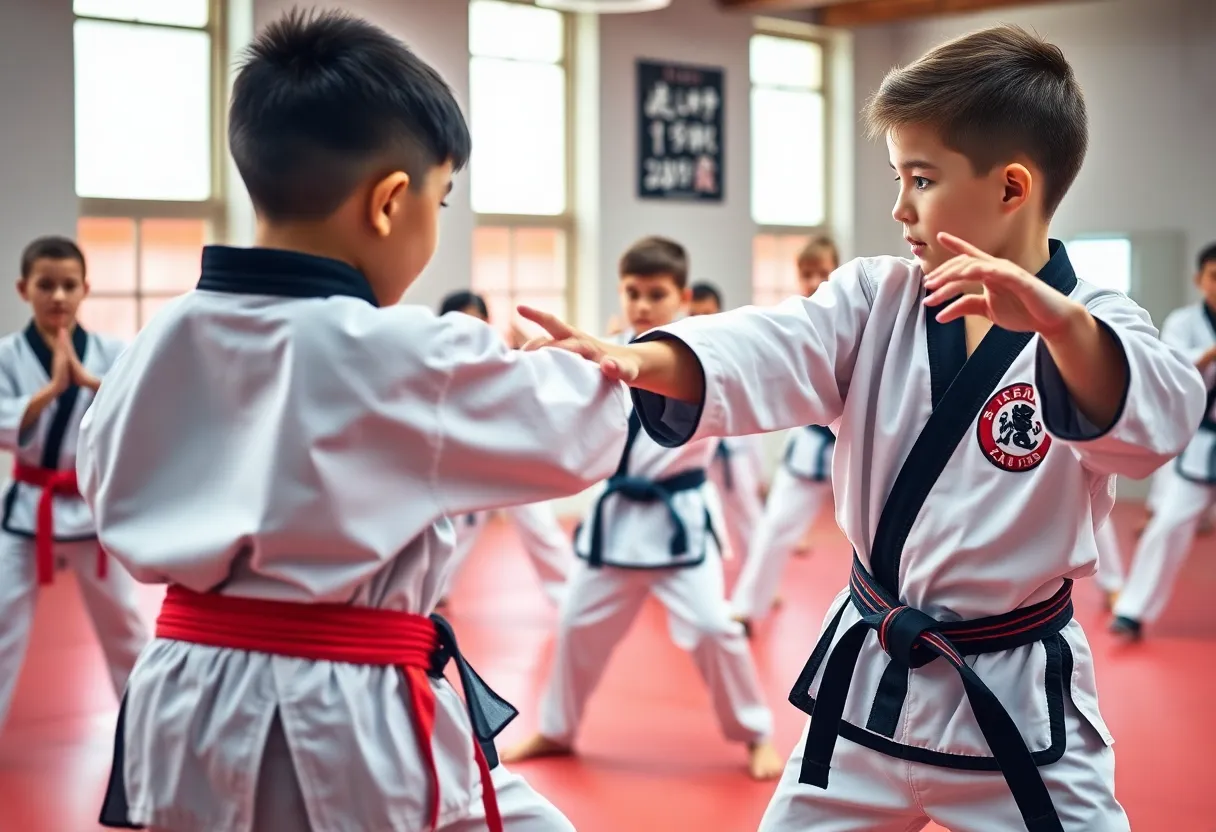 Young athletes from Duncan Martial Arts Academy showcasing Taekwondo skills during practice