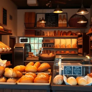 Artisan breads displayed in a cozy bakery