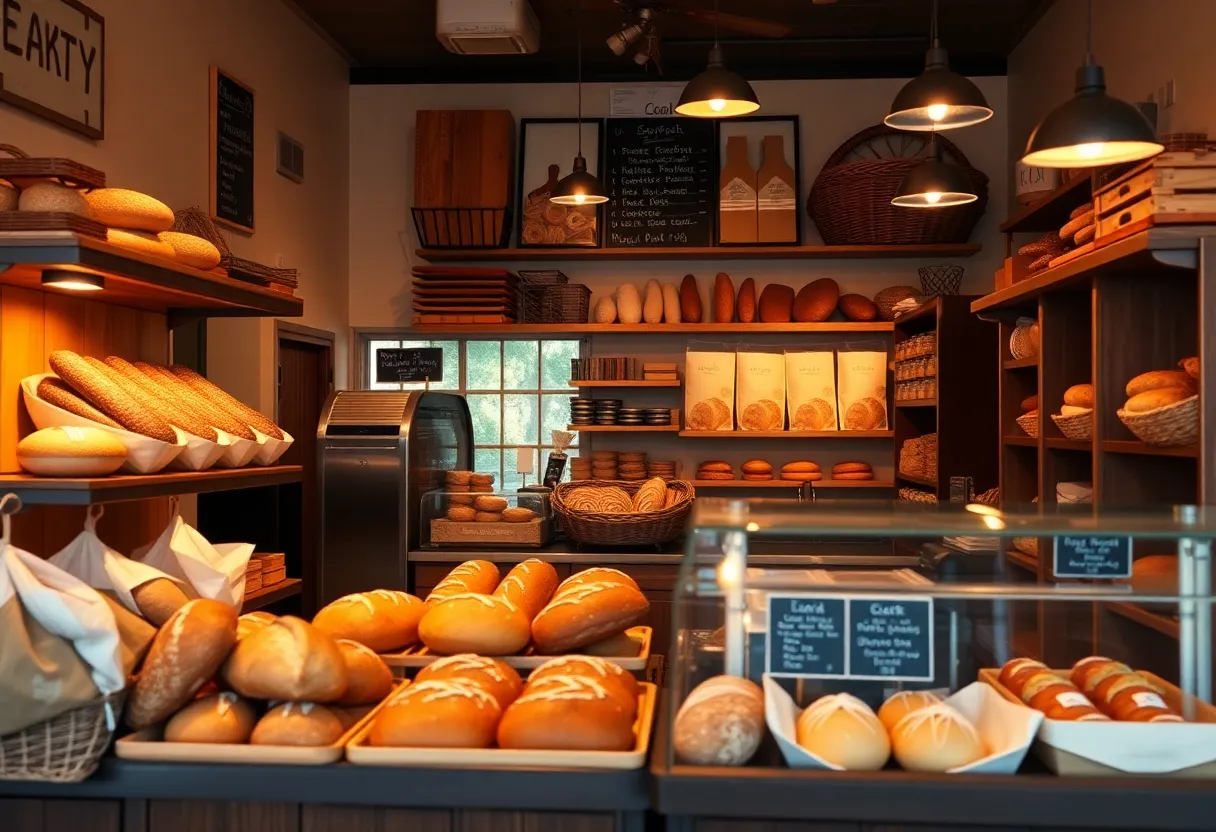 Artisan breads displayed in a cozy bakery