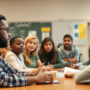 Community members discussing school leadership issues