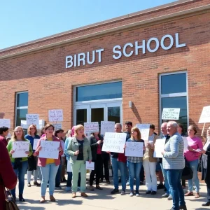 Parents and educators demonstrating for the principal outside Edmond North High School