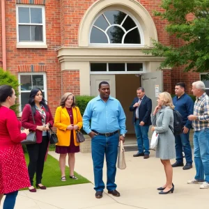 Parents and educators outside Edmond Public Schools discussing the recent principal resignation controversy
