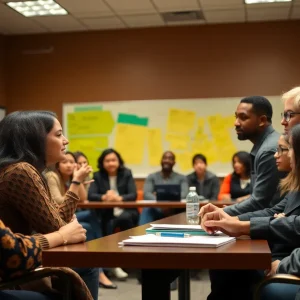 Community members discussing education issues in Edmond