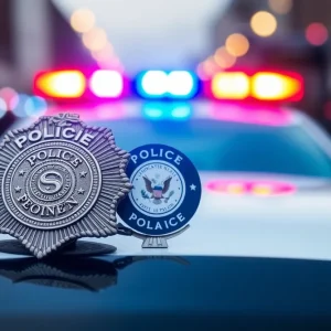 Police badge and emergency lights in a city background