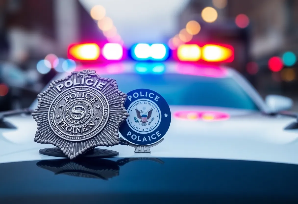 Police badge and emergency lights in a city background