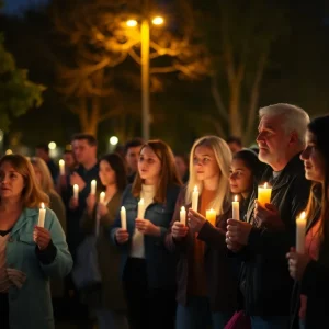 Community members holding candles at a prayer vigil in El Reno for Officer Sarah Jenkins.