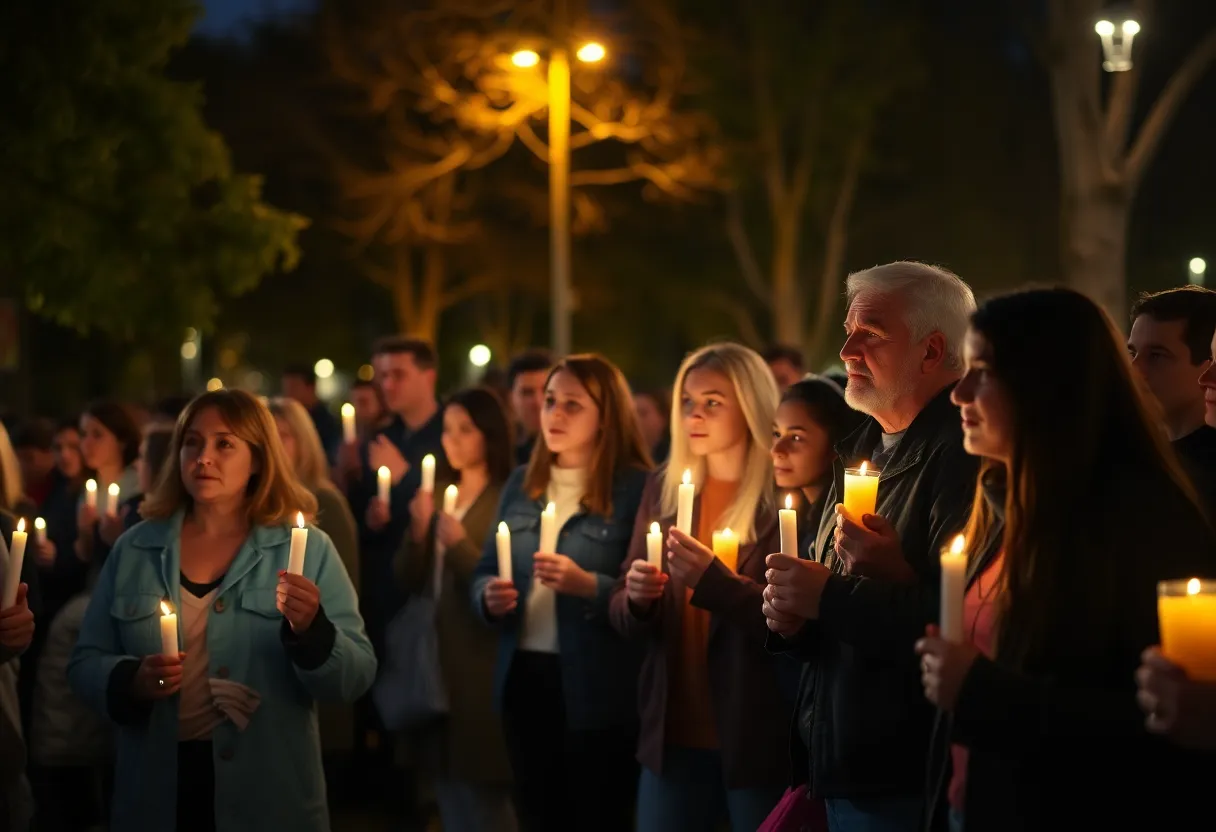 Community members holding candles at a prayer vigil in El Reno for Officer Sarah Jenkins.