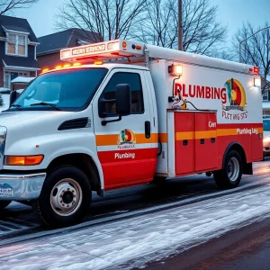 Busy plumbing service truck in Oklahoma winter settings