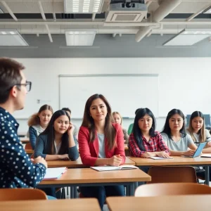 A teacher engaging with students in a modern classroom setting.