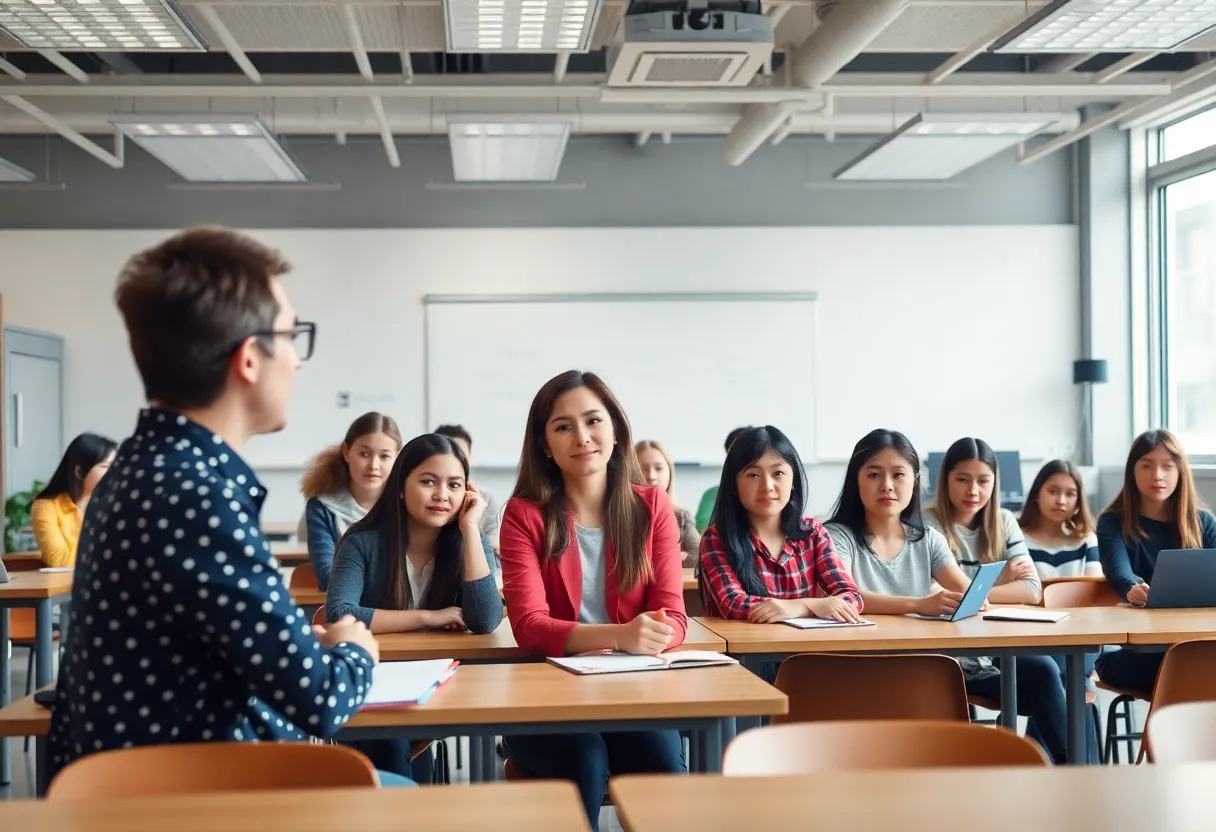 A teacher engaging with students in a modern classroom setting.