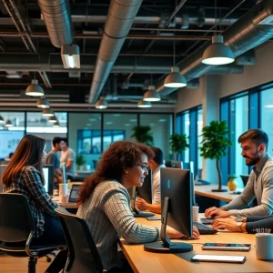 Students collaborating in a modern entrepreneurship incubator at Rose State College