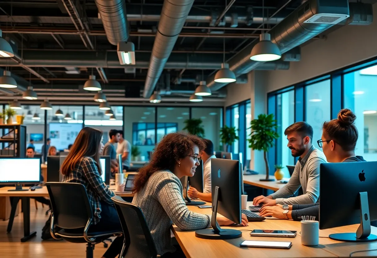 Students collaborating in a modern entrepreneurship incubator at Rose State College