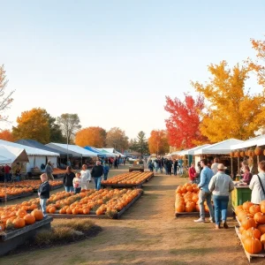 A beautiful fall festival scene showing pumpkin patches and families enjoying activities.