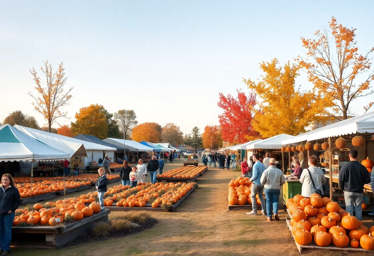 A beautiful fall festival scene showing pumpkin patches and families enjoying activities.