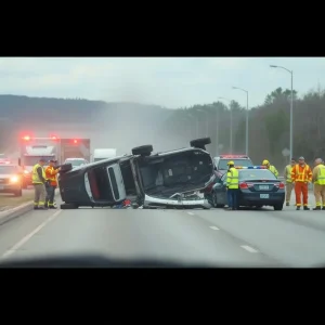 Emergency responders at the scene of a fatal car crash on a highway.