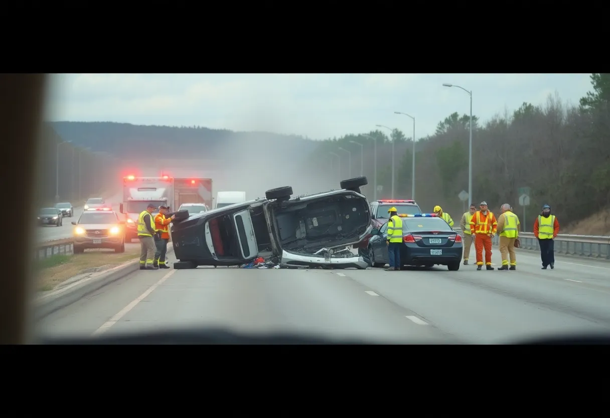 Emergency responders at the scene of a fatal car crash on a highway.