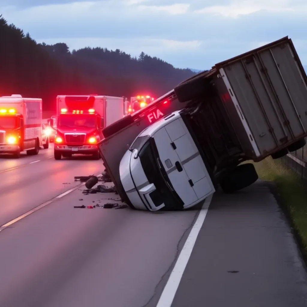 Accident scene on Interstate 40 with a rolled-over truck and emergency responders