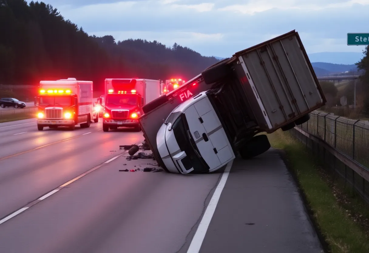 Accident scene on Interstate 40 with a rolled-over truck and emergency responders