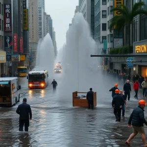 Flooded streets in Oklahoma City with emergency responders addressing the situation.
