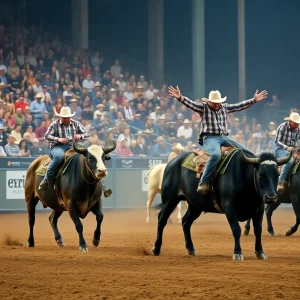 A professional bull riding event showcasing riders and bulls in action.