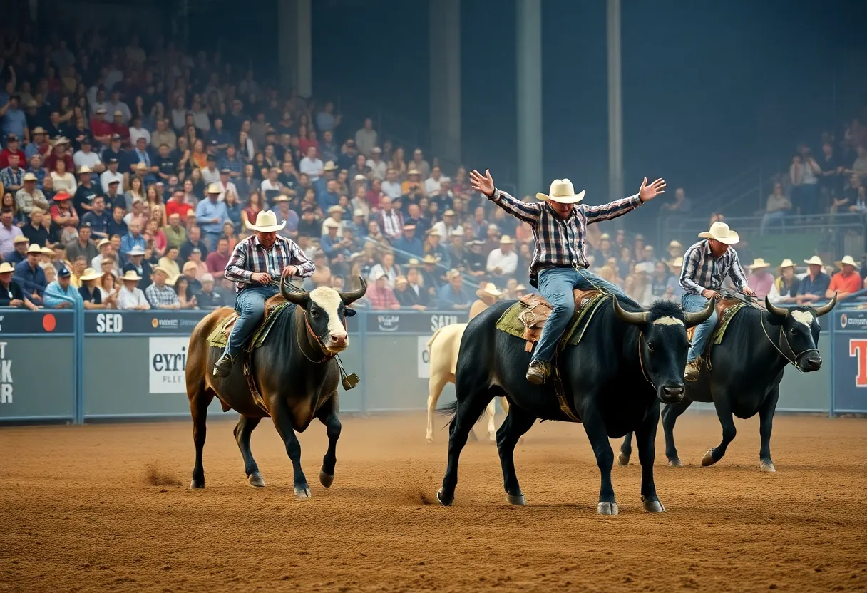 A professional bull riding event showcasing riders and bulls in action.