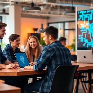 Young professionals collaborating in a tech workspace at FocusTech Hub.
