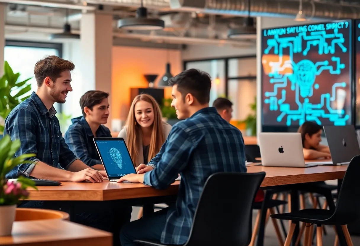 Young professionals collaborating in a tech workspace at FocusTech Hub.