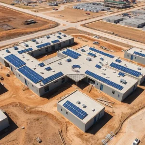 Modern barracks at Fort Sill Army Base under construction with solar panels
