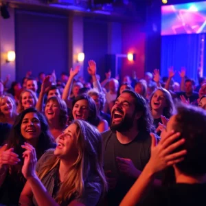 Enthusiastic crowd enjoying Fred Armisen's comedy performance in Oklahoma City
