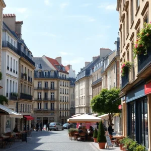 Scenic view of a charming French city with cafes and historical buildings