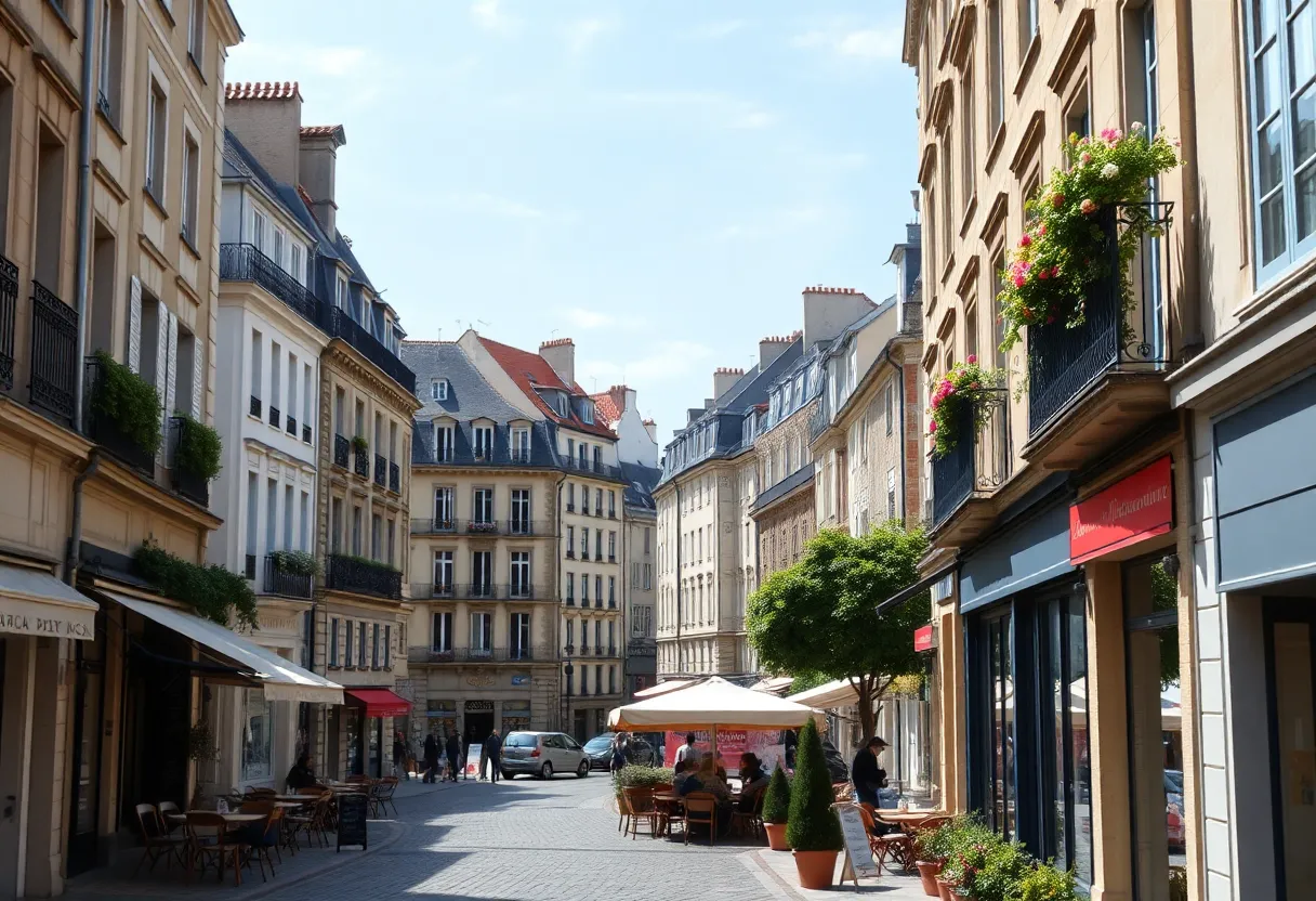 Scenic view of a charming French city with cafes and historical buildings