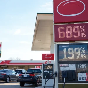 Gas station in Oklahoma City showing reduced fuel prices