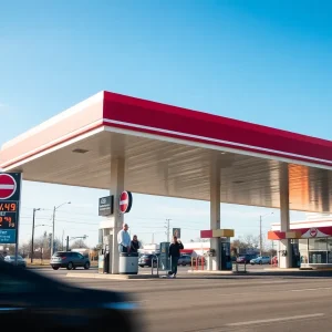 Gas station in Oklahoma City showing fuel prices.