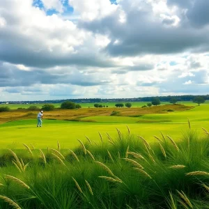 View of a golf course during a championship event with competitors under strong winds.